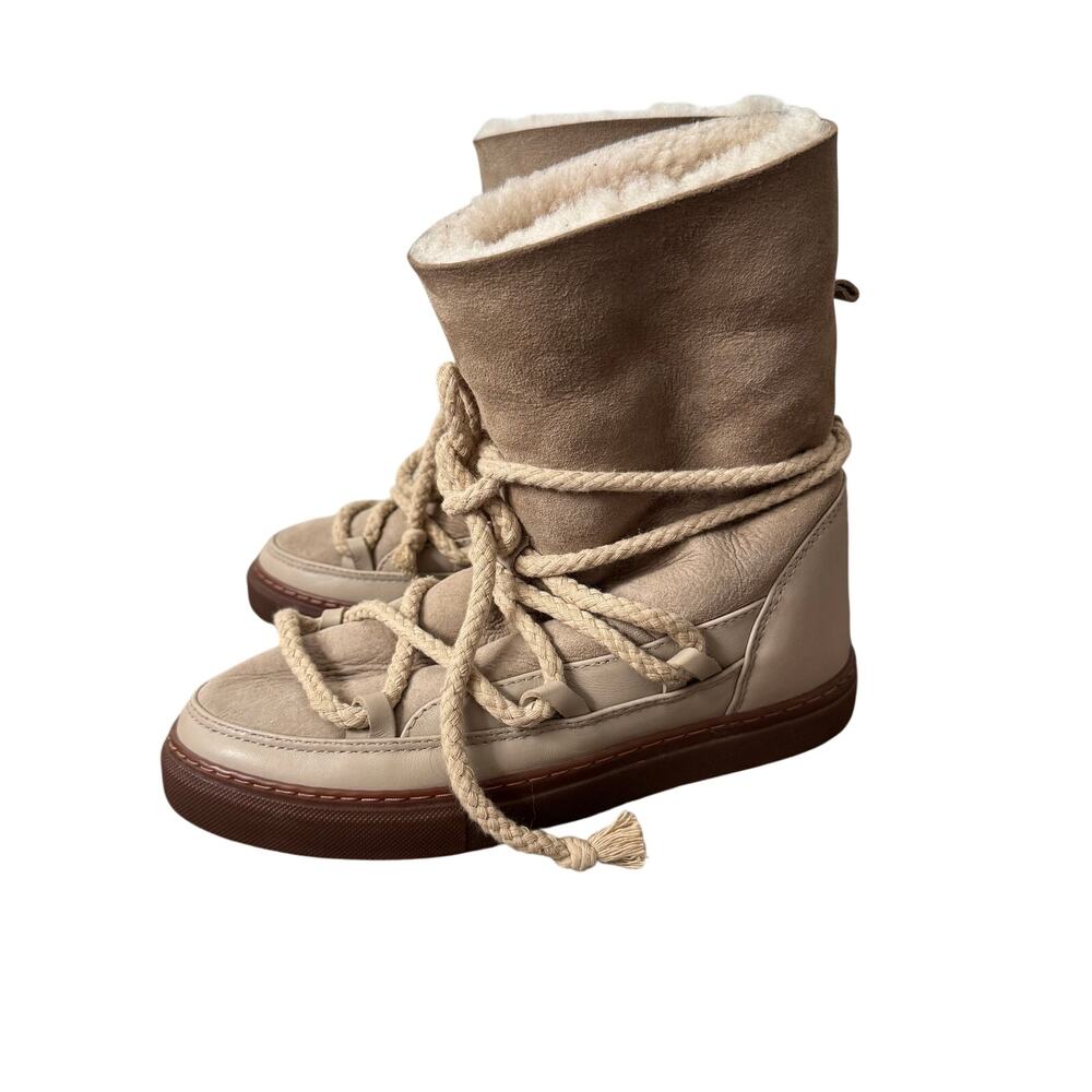 Inuikii Cream Rope-Lace Shearling Ankle Boots with Brown Sole